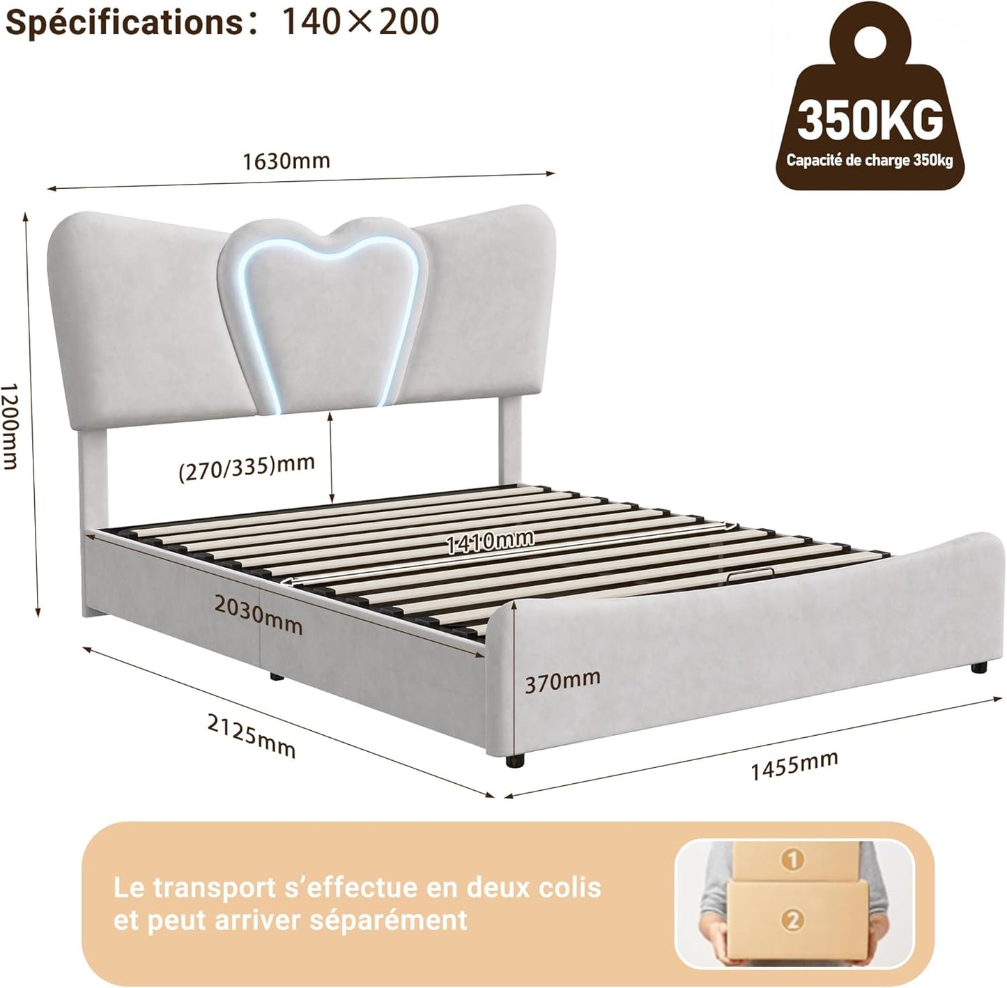 Upholstered Bed 140 x 200 cm with Cassette, LED Heart Headboard and USB Charging Function, Double Bed with Hydraulic Space, Slatted Frame, Beige, Velvet, Without