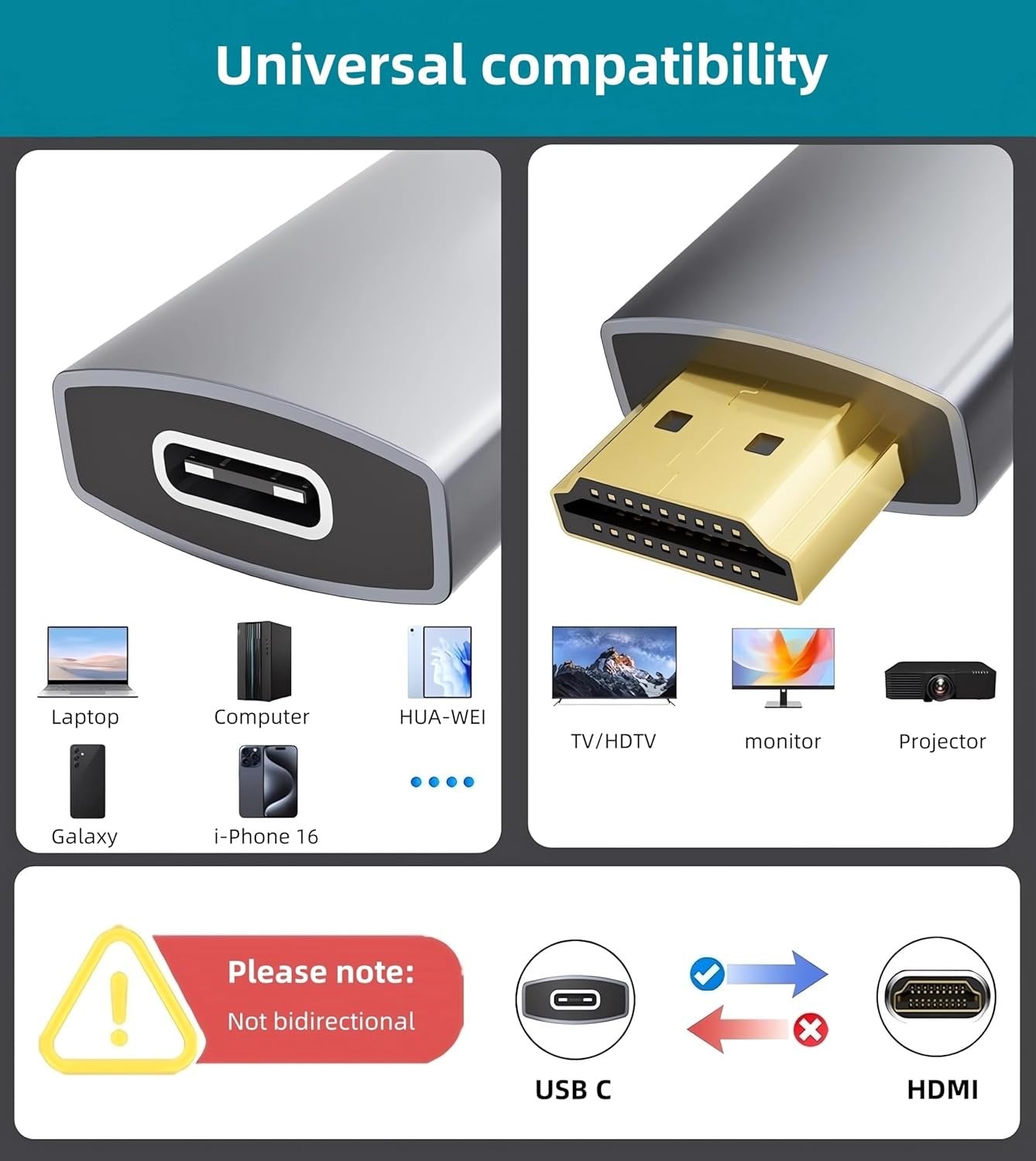 USB C Female to HDMI Male Adapter, 4K@60Hz Uni-Directional USB Type C Source to HDMI 2.0 Display Converter Thunderbolt 3/4 to HDMI for MacBok Pro/Air, Galaxy S8 to S23, Surface - 1 Pack