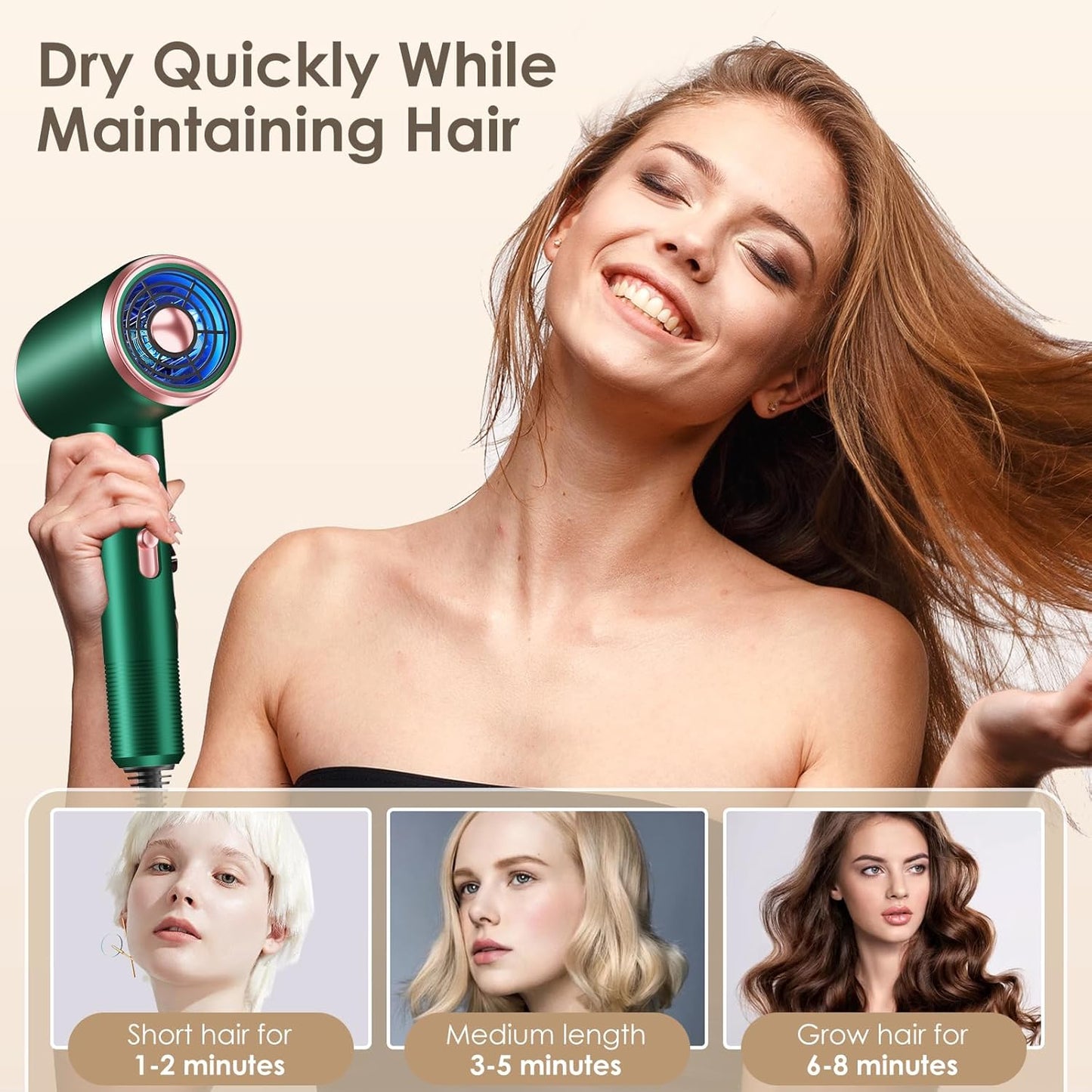 Ionic Hair Dryer, Hair Towel, Folding Comb, Folding Brush, Hair Towels, Hair Dryer with Hot/Cold Button, 3 Temperatures, 3 Speed, Shower Caps (Green)