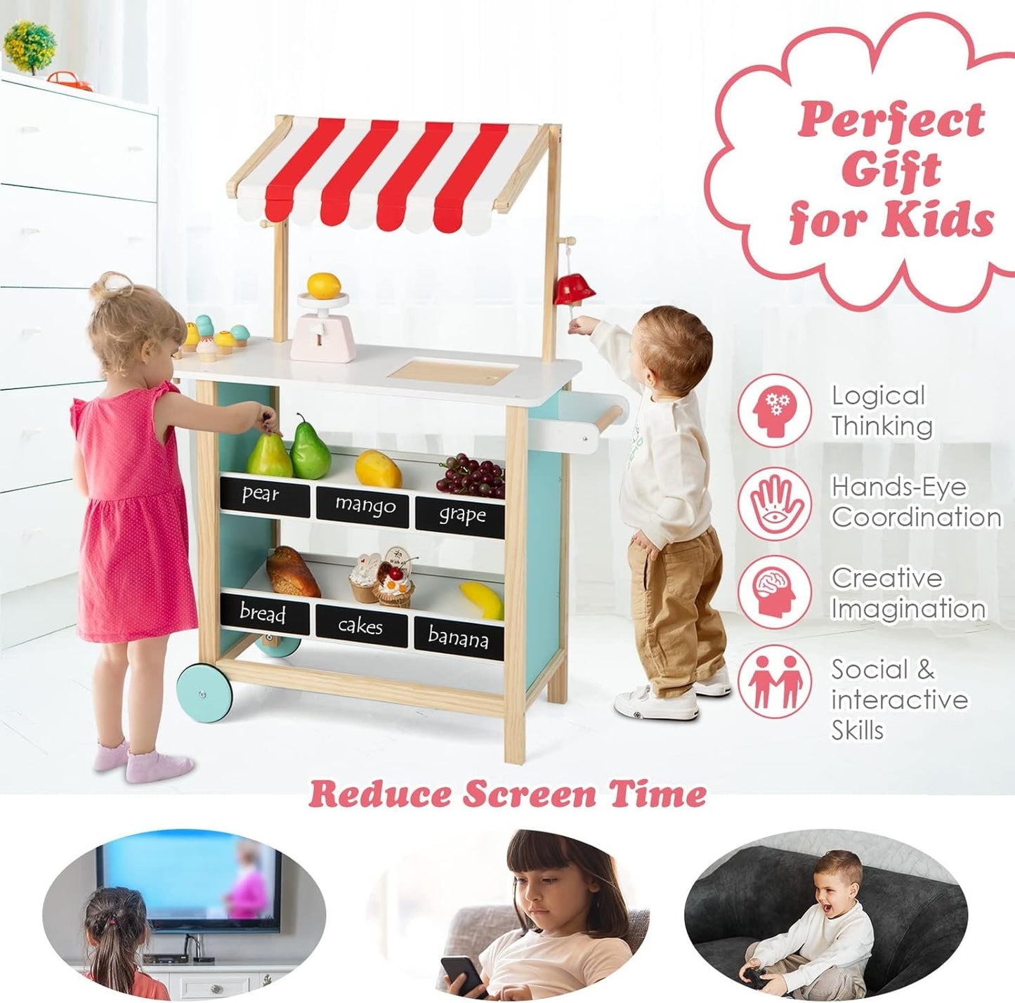 HONEY JOY Kids Ice Cream Cart, Wooden Grocery Store Playset w/6 Pieces Play Food, Realistic Bell & Food Scale, Chalkboard, Pretend Play Dessert Shop Counter Stand Truck, Gift for Boys Girls