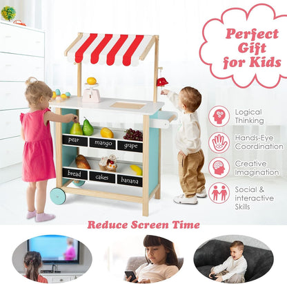 HONEY JOY Kids Ice Cream Cart, Wooden Grocery Store Playset w/6 Pieces Play Food, Realistic Bell & Food Scale, Chalkboard, Pretend Play Dessert Shop Counter Stand Truck, Gift for Boys Girls