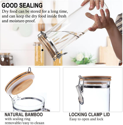 KKC HOME ACCENTS Airtight Borosilicate Glass Loose Tea & Coffee Beans Storage Containers with Bamboo Clamp Lids & Scoops - Glass Food Storage Jars for Nuts, Sugar, Matcha, Pantry Organization - 800 ML