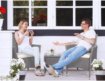 Gardeon 3pcs Wicker Patio Furniture, Bistro Set Table and Chairs Outdoor Lounge Setting Conversation Sets Dining Chair Garden Backyard, Cushion with Rattan Coffee Table Glass Tabletop Grey