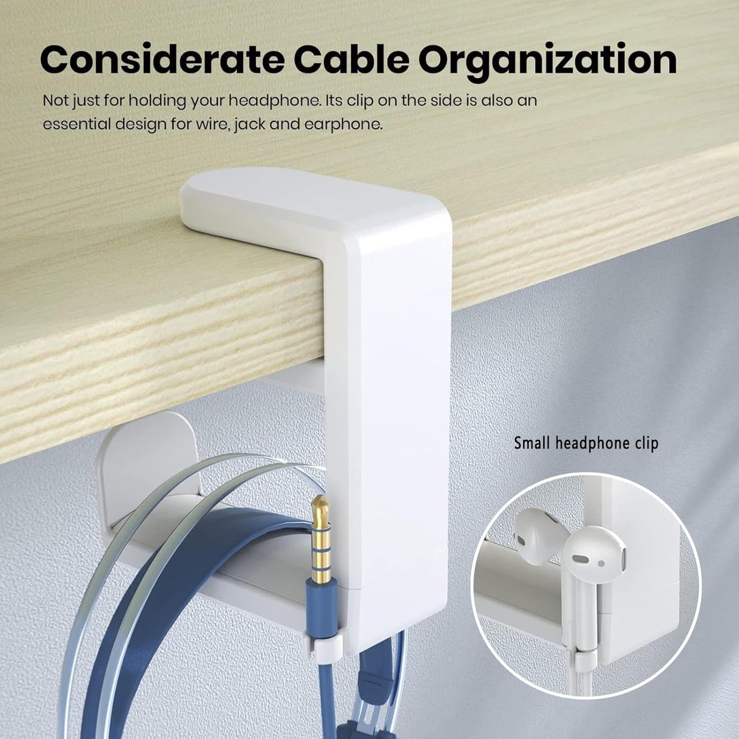 Headphone Headset Headphones Stand Holder Hook Hanger Office Gaming Under Desk Accessories Organizers Adjustable, White