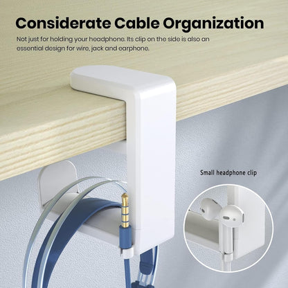 Headphone Headset Headphones Stand Holder Hook Hanger Office Gaming Under Desk Accessories Organizers Adjustable, White