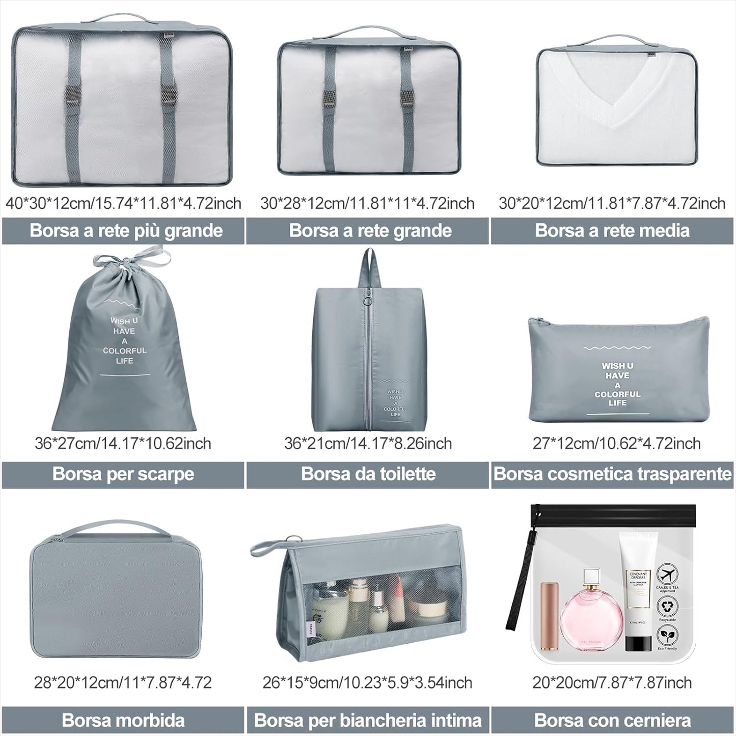 Suitcase Organizer, 9 Pieces Travel Organizer Set, Packing Cubes, Travel Suitcase Organizers with Clear Cosmetic Bag, for Clothes, Shoes, Cosmetics, Grey