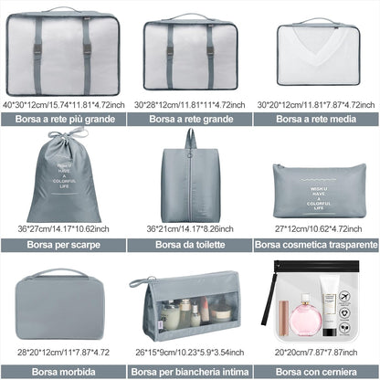 Suitcase Organizer, 9 Pieces Travel Organizer Set, Packing Cubes, Travel Suitcase Organizers with Clear Cosmetic Bag, for Clothes, Shoes, Cosmetics, Grey