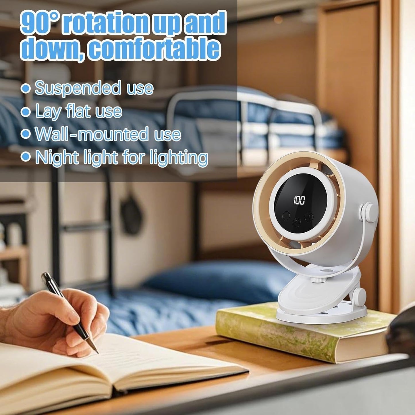 Bladeless Desk Fan | Table Fan Rechargeable | Bladeless Cooling Electric Tool with Ambience Night Light Personal Use Clip on for Dormitory Home Bedroom Kitchen
