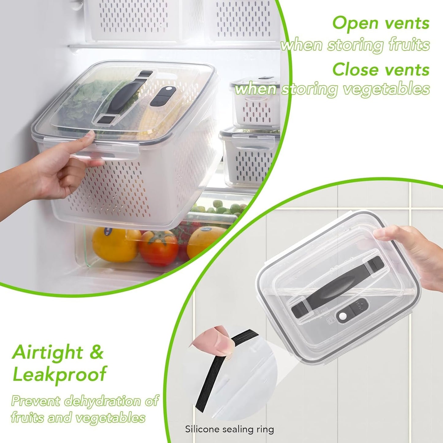 5 PCS Fruit Storage Containers for Fridge, 5 Sizes (13oz-140oz) Leakproof & Airtight with Silicone Seal, Draining Colander, Food Grade BPA-Free, Keep Fruits Vegetables Fresh for Camping, Kitchen