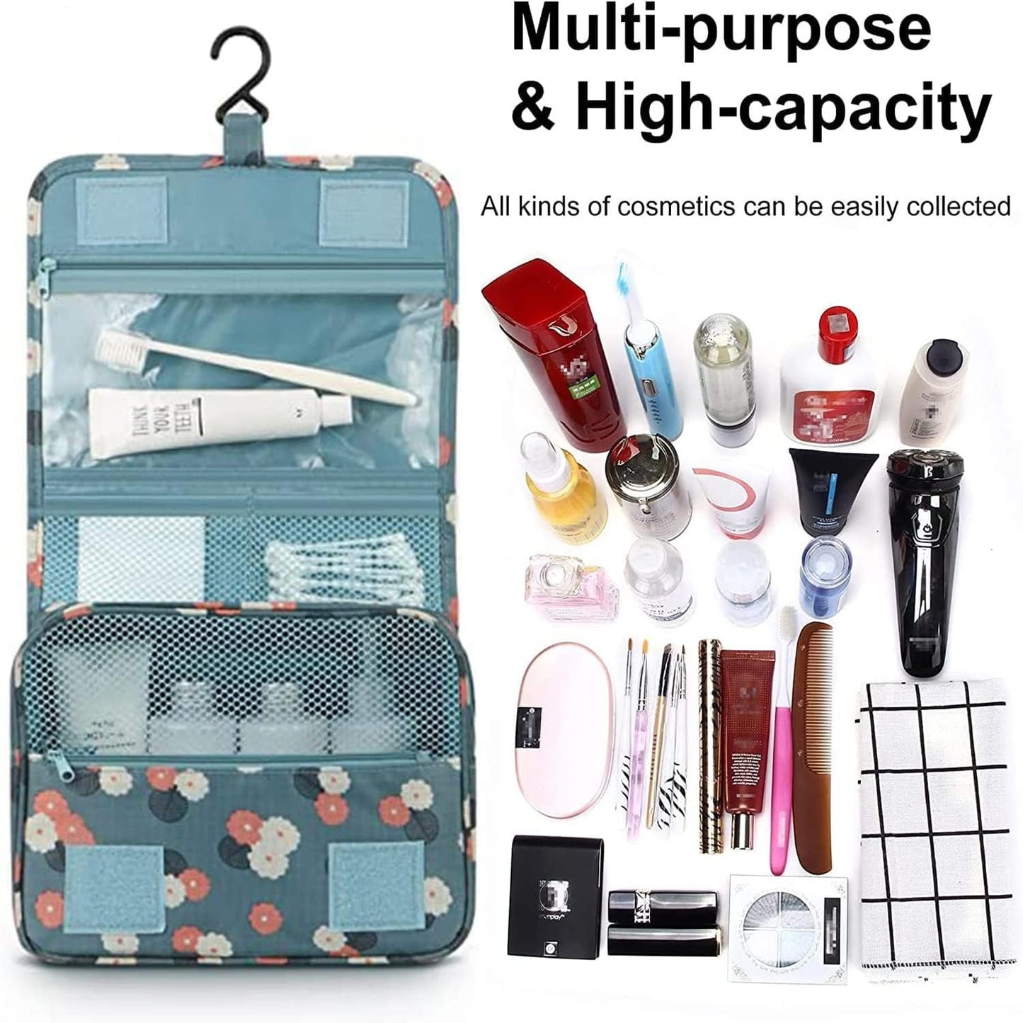 Kettion Hanging Travel Toiletry Bag, Foldable Hygiene Bag, Waterproof Wash Bag with Hanging Hook, Toiletries Bag, Skincare Bag, Cosmetic Bag, Portable Storage Bag for Bathroom Shower Makeup Organizer