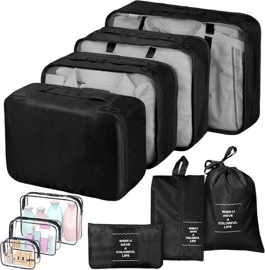 sprecenk Travel Suitcase Organizer 10 Pieces, Large Capacity Travel Organizer Packing Cubes Lightweight Organizer Suitcase Cubes Travel Cube for Clothes Underwear Shoes, Black