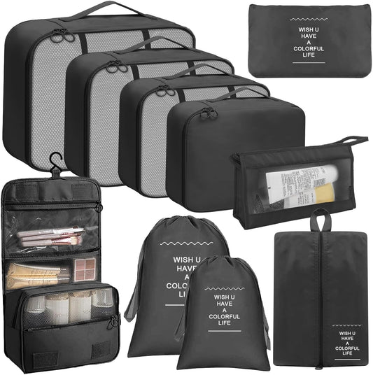 Qintora 10-Piece Suitcase Organizer Set Space-Saving Suitcase, Packing Cubes, Waterproof Travel Organizer, Clothes Underwear Footwear, Organizer for Backpack Organizer (Black)