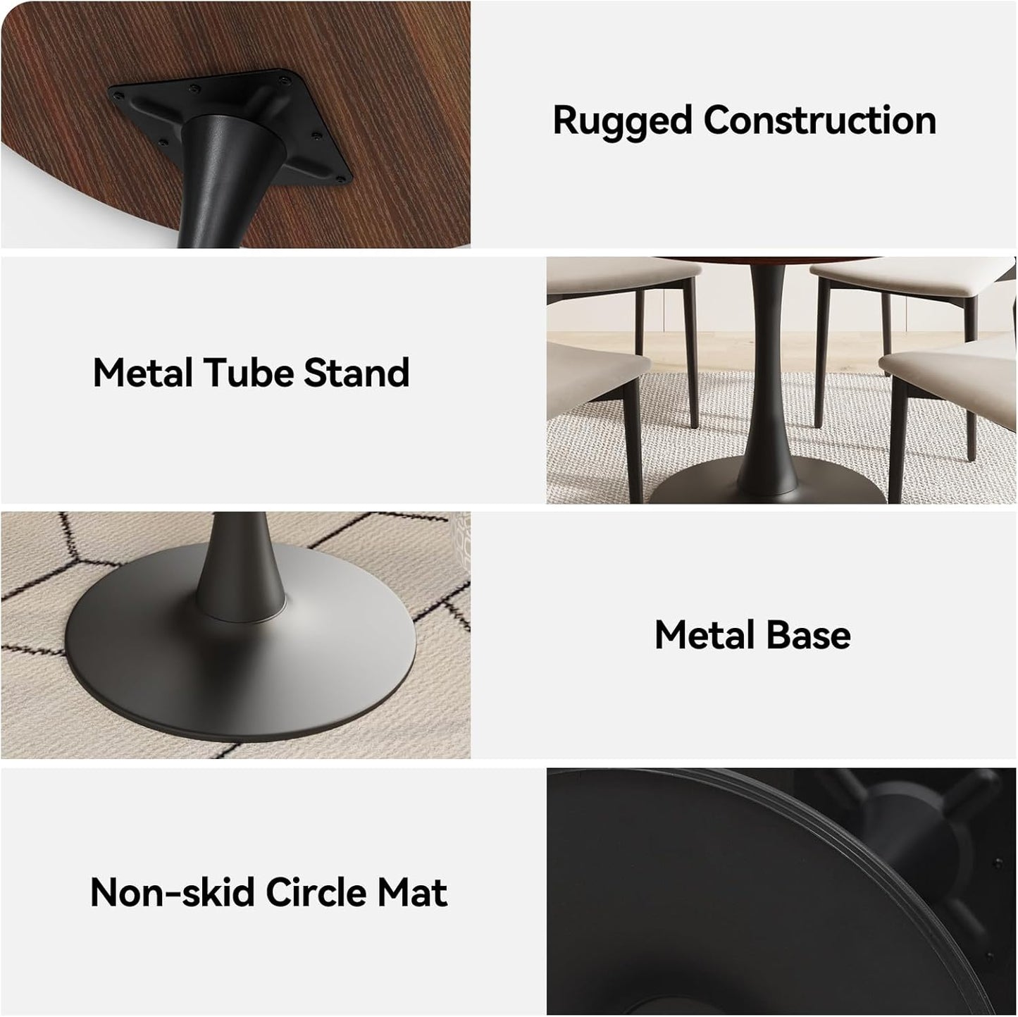 Dining Table Round for 2 Persons, 31.5 Inch Round Table with Metal Pedestal, Seamless Tabletop with Faux Woodgrain, 2 Sliding Doors, 4 Hidden Compartments, for Small Spaces, Apartments, Cafes, Walnut