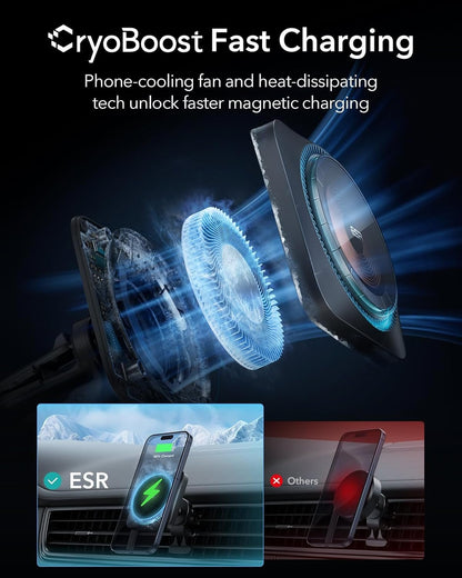 ESR for 15W MagSafe Car Mount Charger - CryoBoost Phone Cooling Faster Charging, Air Vent/Dashboard Magnetic Wireless Car Charger for iPhone 16 15 14 13 12 Pro Max Plus Mini, S25, MagSafe Accessories