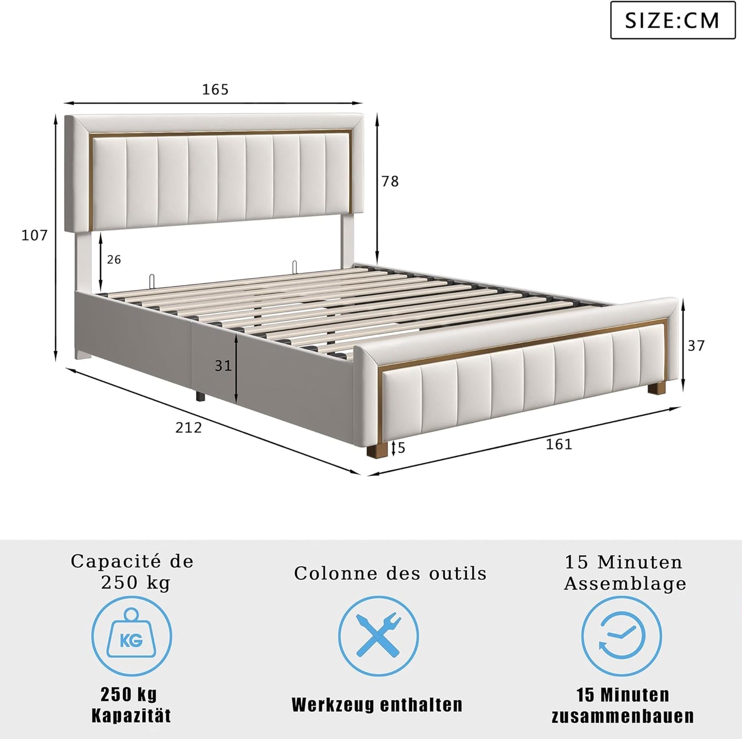 BRILVERDE Double Padded Bed, 160 x 200 cm, Bed Frame with Storage Compartment and Slatted Base, Hydraulic Bed with Headboard, Velvet (Open White, 160 x 200 cm)