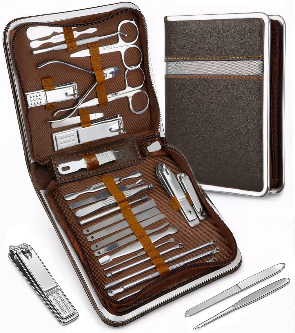 YESDEX Manicure Set Professional – 26 in 1 Nail Clippers Kit Stainless Steel, Nail Cutter Tool for Finger and Toe Nail with Luxurious Travel Leather Case, Gifts for Men Dad Him Husband Parent