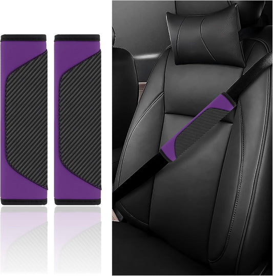 2PCS Car Seatbelt Covers,Leather Seat Belt Pad with Carbon Fiber Design for Car Decorations & Shoulder Protections,Universal Car Accessories Interior Seatbelt Cushion (Purple)
