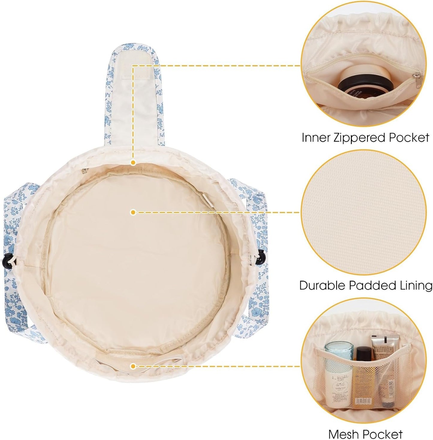 Barrel Drawstring Makeup Bag Large Cosmetic Bag Women Toiletry Organizer for Travel Toiletries Accessories Essentials（Little Blue Flower）