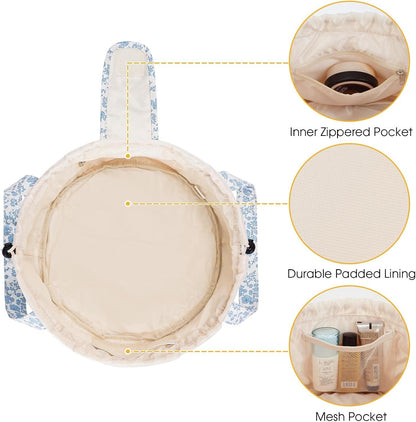 Barrel Drawstring Makeup Bag Large Cosmetic Bag Women Toiletry Organizer for Travel Toiletries Accessories Essentials（Little Blue Flower）