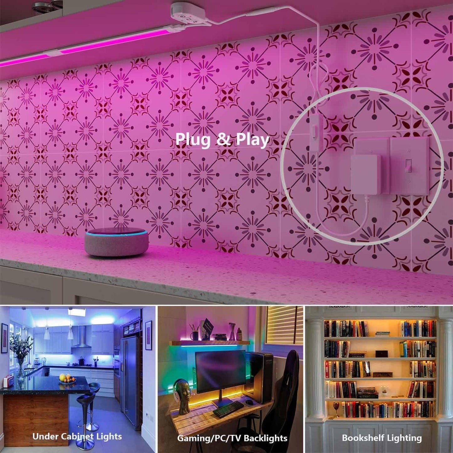 Under Cabinet Lighting RGB Strips Lights Plug in Works with Alexa,Google Home,Smart APP, Remote Control Color Changing Light Bars for Kitchen Counter,Shelf,Bookcase,12V Backlights Linkable,6pcs