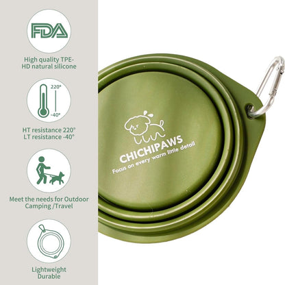 CHICHIPAWS Dog Bowls for Travel, 2-Pack Pet Collapsible Bowls for Cats Dogs, Portable Pet Feeding Watering Dish for Walking Parking Traveling with 2 Carabiners, BPA Free (Green, Large)