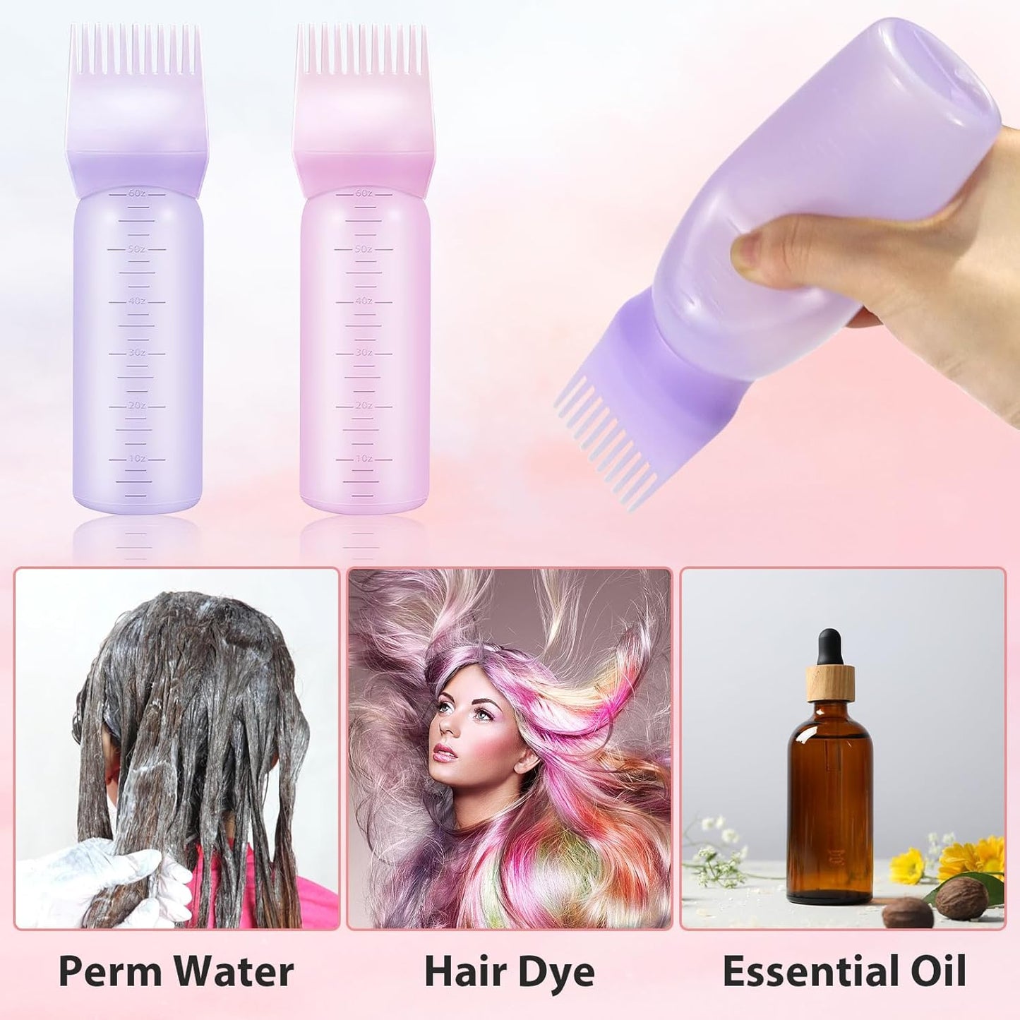 DUAIU Scalp Massage Brush with 2Pcs Root Comb Applicator Bottle, Silicone Massager Hair Oil Applicator Bottles Set for Scalp, Shampoo Scrubber Applicator for Hair Dye and Hair Care Tools