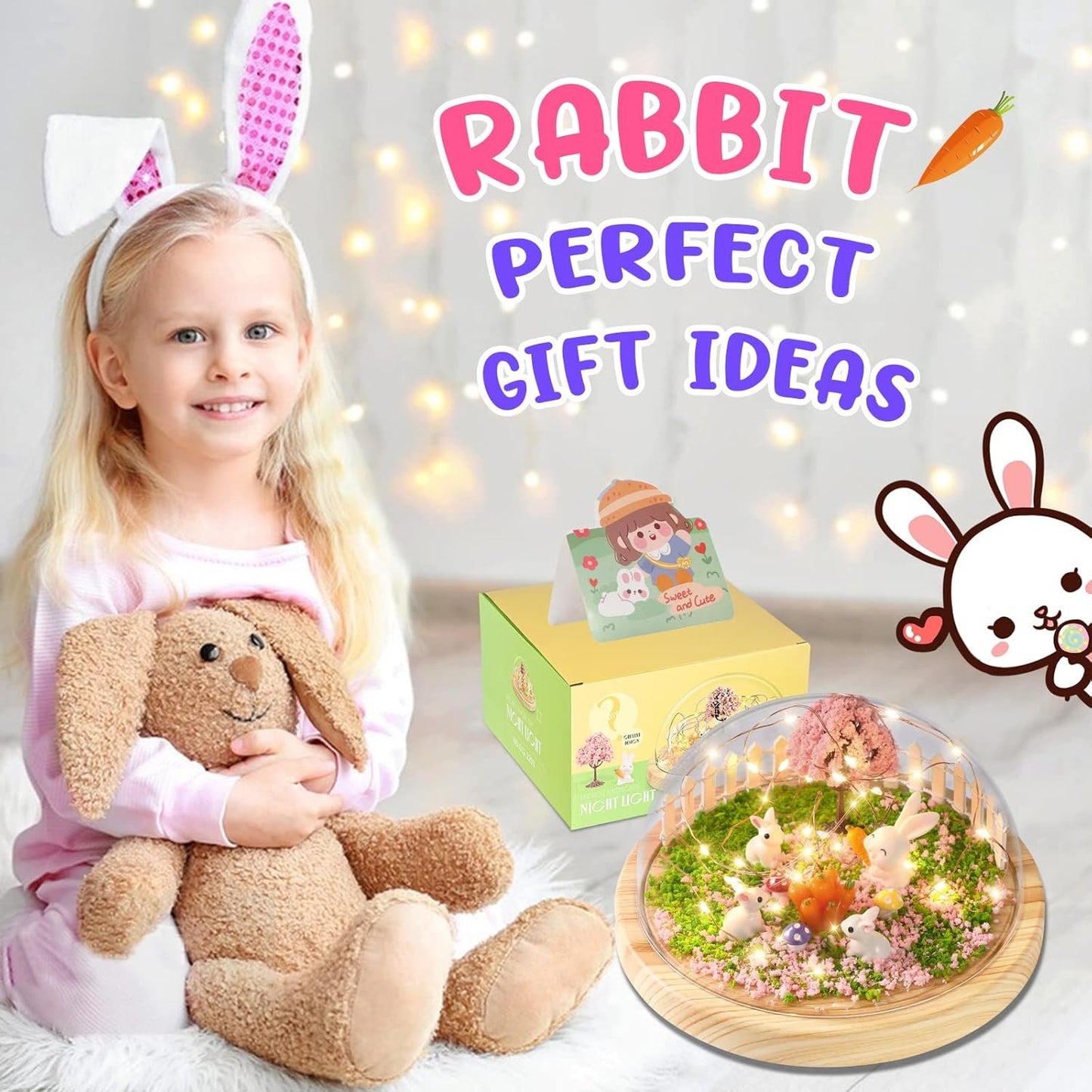 Make Your Own Night Light,Rabbit DIY Kits for Girls,Bunny Toys for Kids Ages 4-8,Arts and Crafts Lamp Project for Girls(USB Upgrade Edition),Gifts for 4 5 6 7 8 9 10 Year Old Girl with Greeting Card