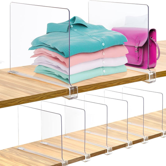 Consevisen Shelf Dividers for Closet Organization and Storage, 8 Pack Acrylic Clear Closet Shelf Dividers for Wood Shelves, Vertical Sweater Handbag Purse Organizer for Bedroom Kitchen Office