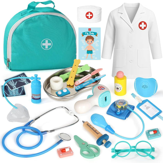 Lehoo Castle Kids Doctor Kit Toy, Pretend Play Doctor Set for Toddlers, Realistic Wooden Medical Kit Role Play Set, Gifts for Boys Girls 3+ Years