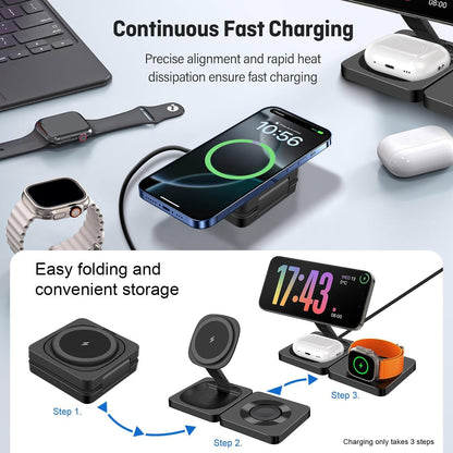 3 in 1 Wireless Charger Stand for Mag-Safe Charging, Foldable 15W Fast Magnetic Wireless Charging Stand for iPhone 16 15 14 13 12 Pro Max,AirPods,Apple Watch Series 10/Ultra 2/9/8/7/6/SE/5/4/3,Black