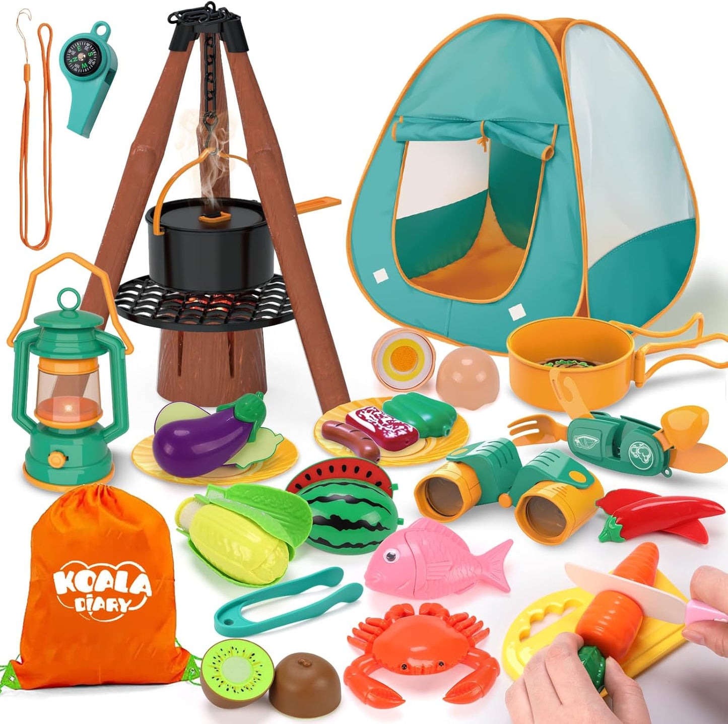 REMOKING Kids Camping Gear Set,28 PCS Camping Tool Pretend Role Play Toys with Play Tent/Campfire/Telescope/Whistle/Fruits Toys,Indoor Outdoor Game for Toddler Kids Boys Girls Age 3 4 5 6 7 8