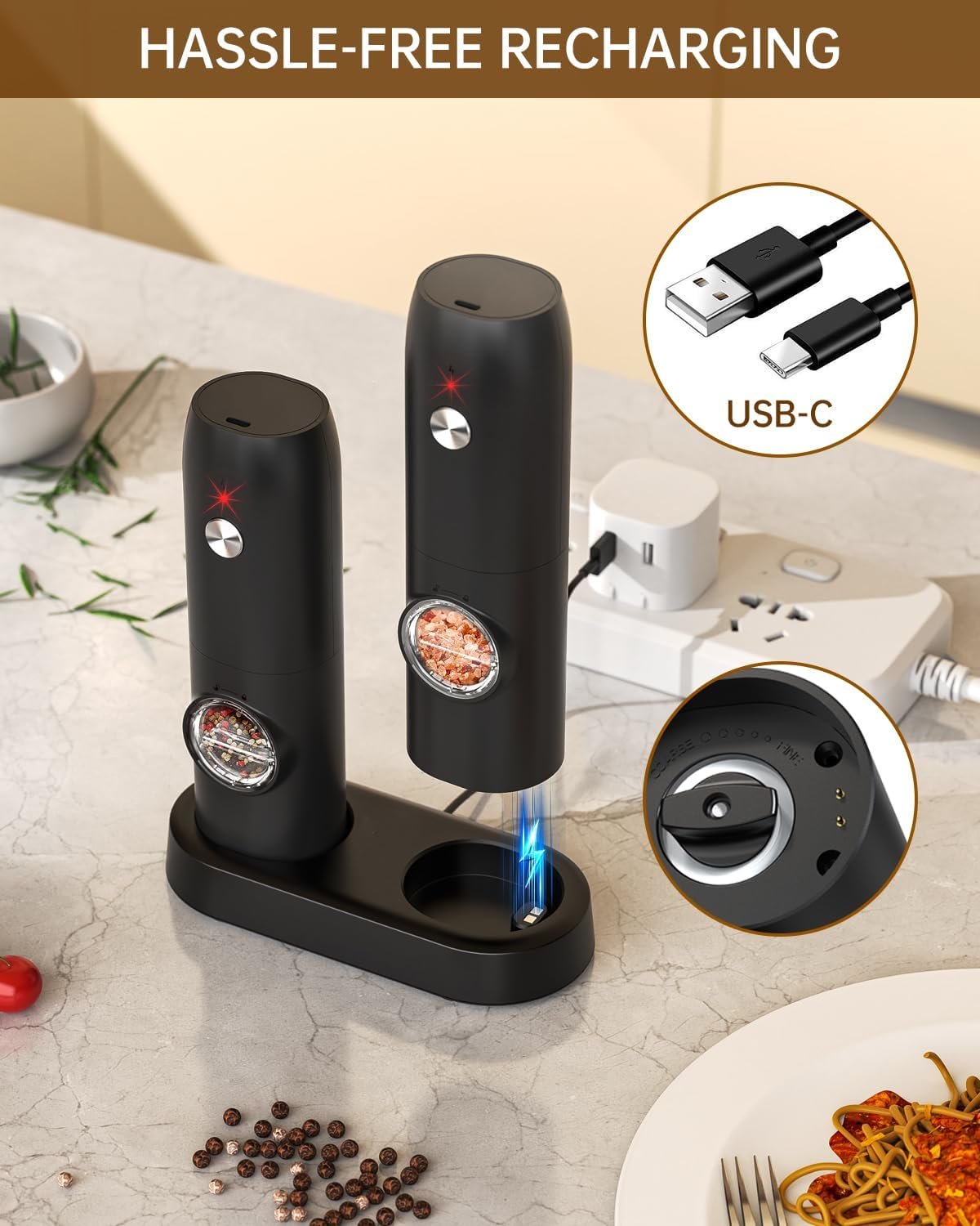 CIRCLE JOY Electric Salt and Pepper Set with Rechargeable Base, White Led Light, Automatic Salt Pepper Grinder for Home, Kitchen, Adjustable Grind Coarseness, Easy to One Hand Operation
