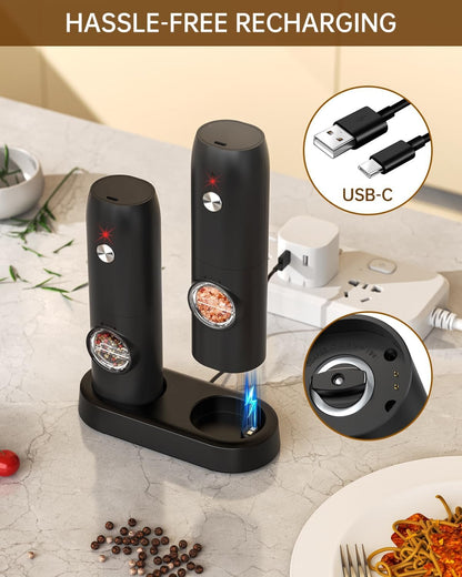 CIRCLE JOY Electric Salt and Pepper Set with Rechargeable Base, White Led Light, Automatic Salt Pepper Grinder for Home, Kitchen, Adjustable Grind Coarseness, Easy to One Hand Operation