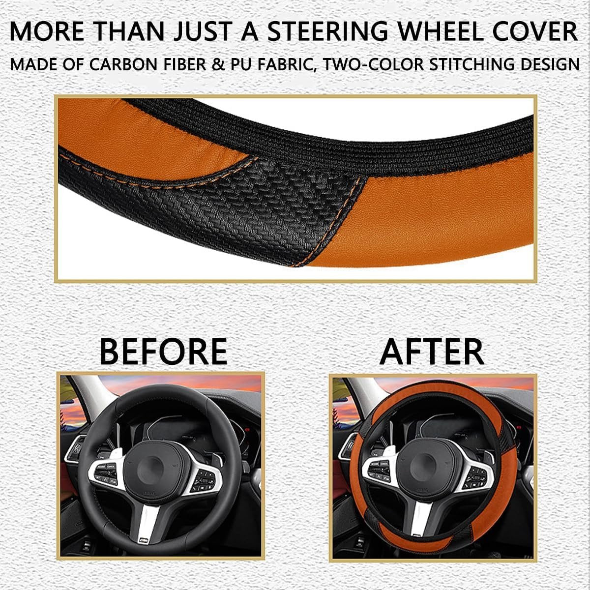Bittwee Car Steering Wheel Cover, Anti-Slip PU Leather & Carbon Fiber Steering Wheel Protector, Universal 14.5-15 Inch, Automotive Interior Accessories, Fit for Most Cars SUVs (Orange)