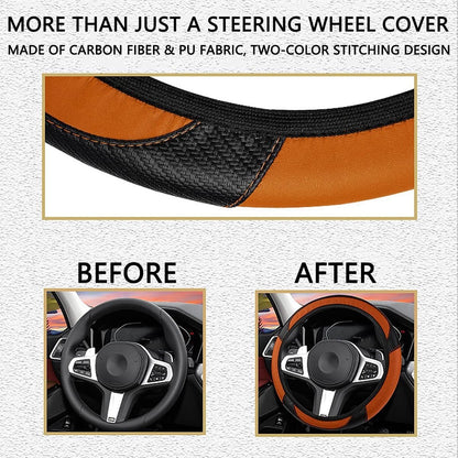 Bittwee Car Steering Wheel Cover, Anti-Slip PU Leather & Carbon Fiber Steering Wheel Protector, Universal 14.5-15 Inch, Automotive Interior Accessories, Fit for Most Cars SUVs (Orange)