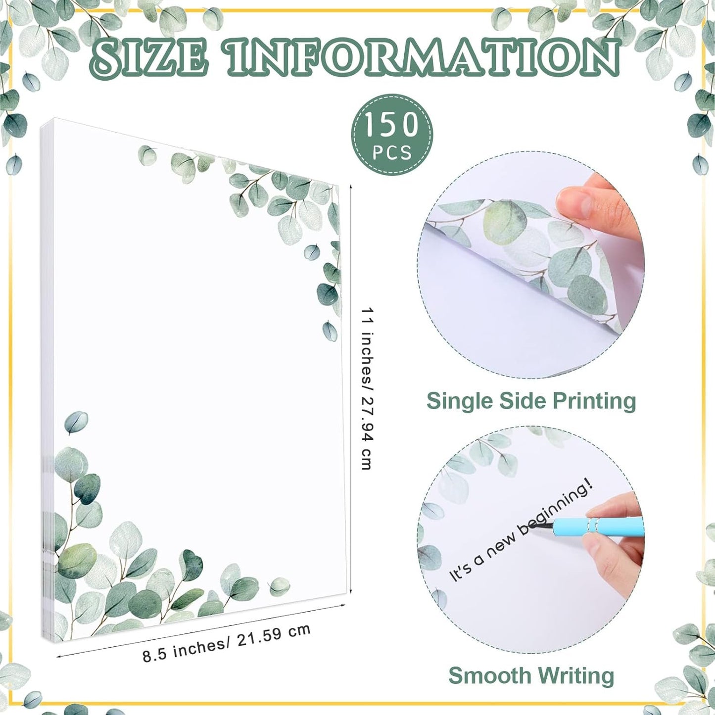 Roowest 150 Sheets Decorative Printer Paper Leaf Greenery Stationery Paper Decorative Printer Paper 8.5 x 11 Inch with Design Elegant Writing Paper for School Writing Home Office Supplies