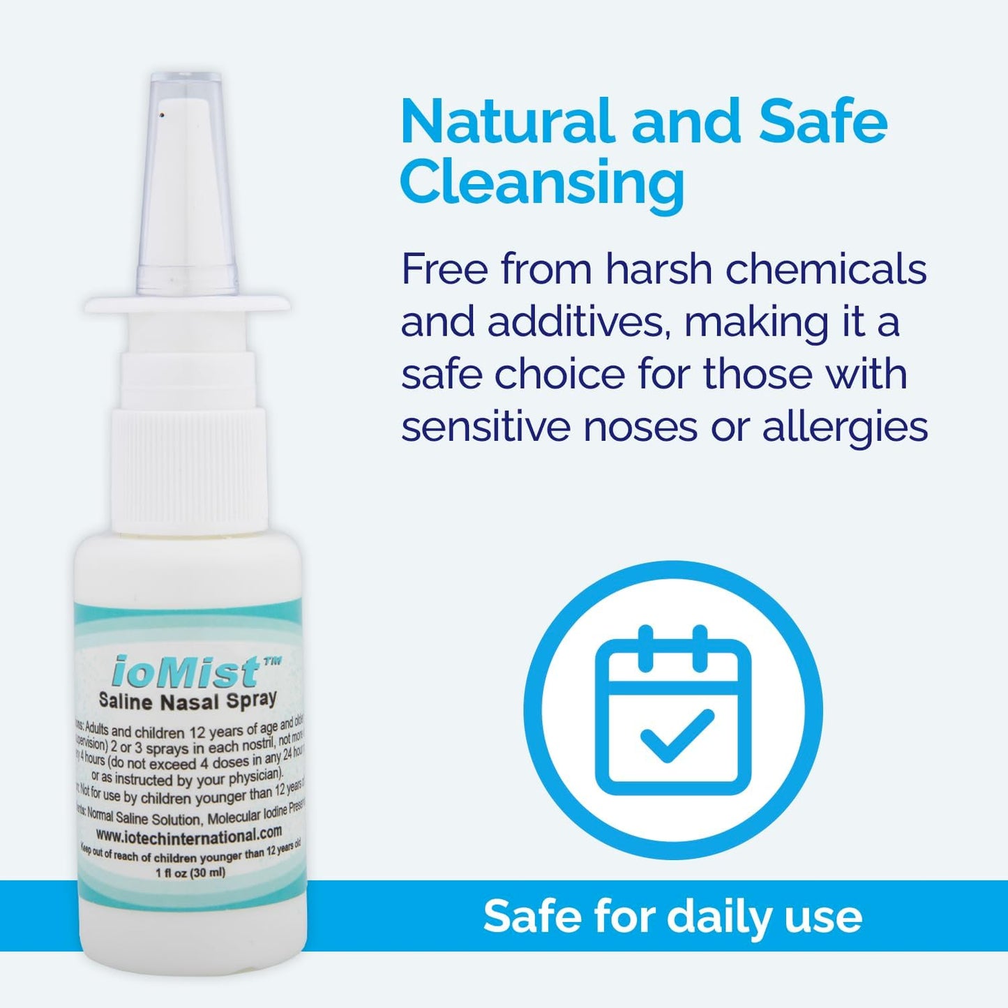 ioMist Saline Nasal Spray with Molecular Iodine Preservative; Cleaner & Nasal Flush System for Adults & Children 12+