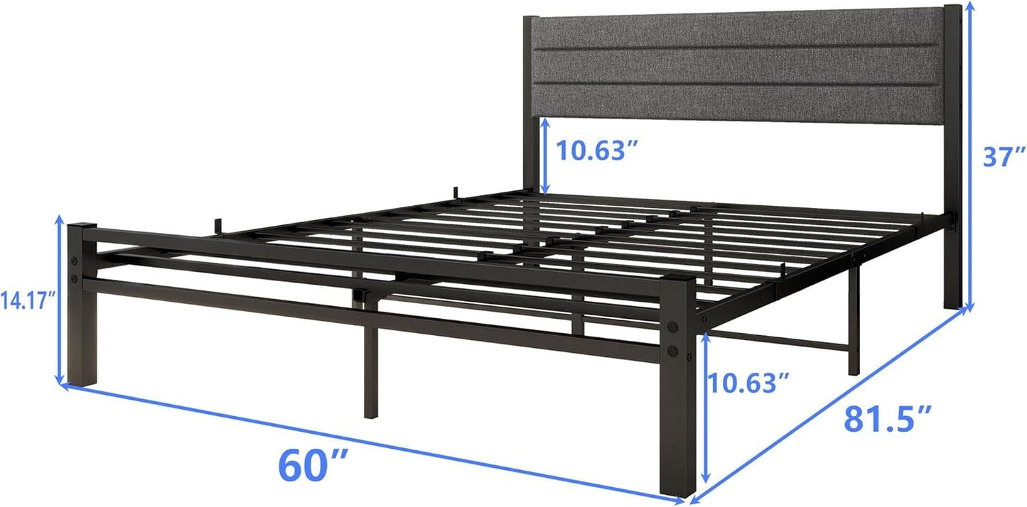 DUMEE Queen Bed Frame, Metal Bed Frame Queen Size with Upholstered Headboard, Heavy Duty Platform Bed Frame No Box Spring Needed &Easy Assembly, Gray Queen Bed