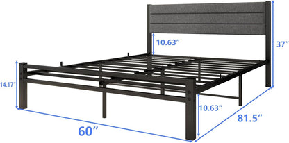 DUMEE Queen Bed Frame, Metal Bed Frame Queen Size with Upholstered Headboard, Heavy Duty Platform Bed Frame No Box Spring Needed &Easy Assembly, Gray Queen Bed