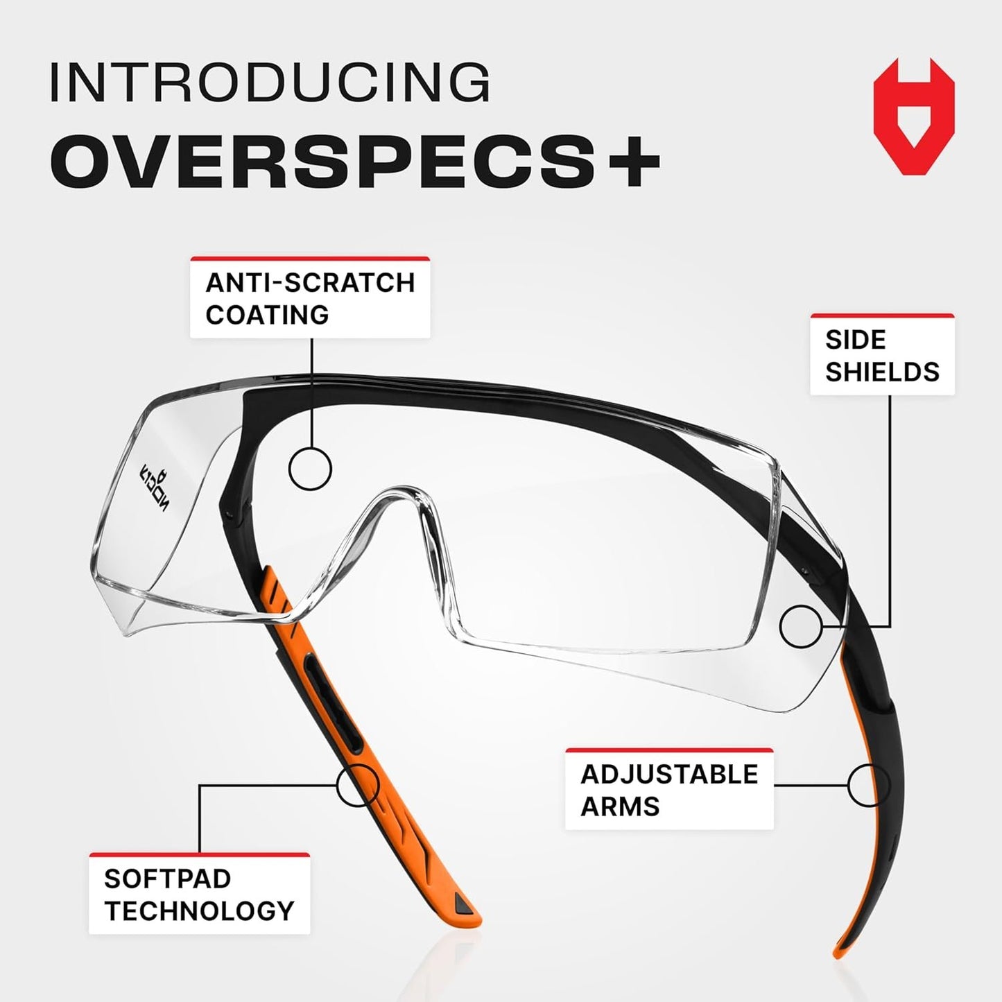 NoCry Safety Glasses That Fit Over Your Prescription Eyewear. Clear Anti-Scratch Wraparound Lenses, UV400 Protection, ANSI Z87 & OSHA Certified. Use in the Lab, Travelling, Black & Orange Frames