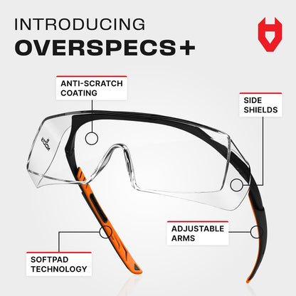 NoCry Safety Glasses That Fit Over Your Prescription Eyewear. Clear Anti-Scratch Wraparound Lenses, UV400 Protection, ANSI Z87 & OSHA Certified. Use in the Lab, Travelling, Black & Orange Frames