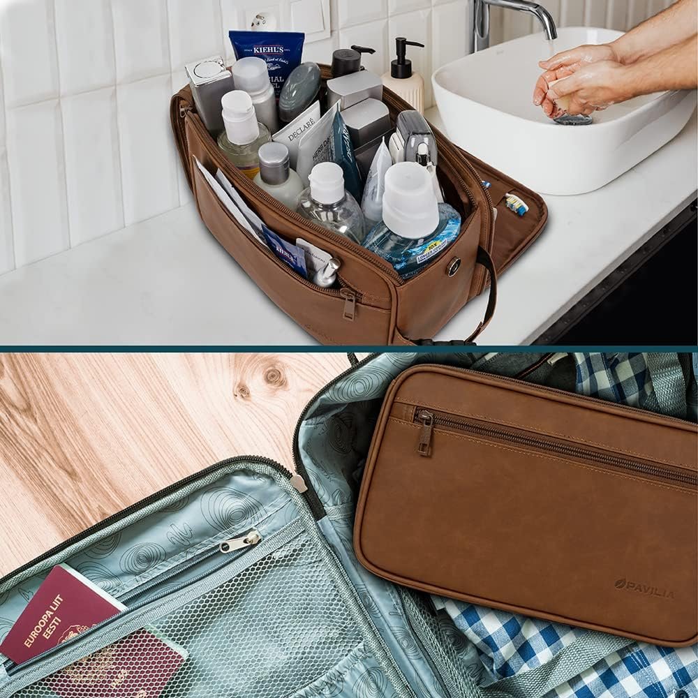 PAVILIA Toiletry Bag for Men, Travel Essentials Shaving Dopp Kit, Travel Bag Toiletries Organizer Case, Cosmetic Make Up Bag, Water Resistant, Brown, Extra Large (12x6x7)