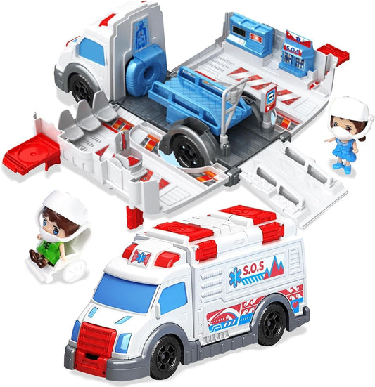 Toys Ambulance Toy Truck Set with Stickers,Figures Ambulance Rescue Vehicle Toy Car for Toddler Kids 3-8 Pretend Playset Learning Toys for Birthday Christmas