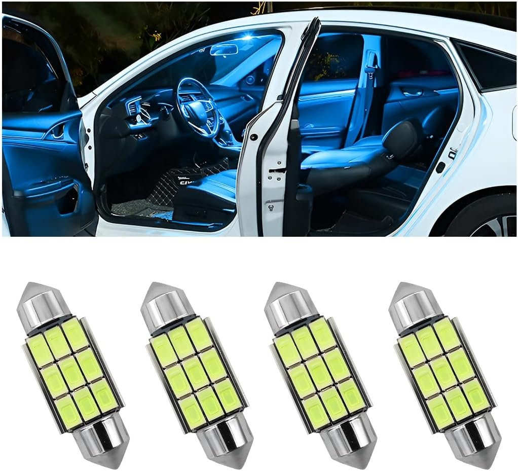 TSUGAMI 4PCS 36mm Car LED Bulbs, 6000K Automotive Error Free Canbus 5730 9-SMD Chipsets Festoon Dome Lights, Vehicle Interior Decoration Accessories Universal For SUV Truck RV Van (Ice Blue)