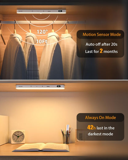 WILLED 3000K Closet Lights Motion Sensored, Battery Display, 60 LED Touch Light Bar, Motion Sensor Light Indoor, Under Cabinet Lights Rechargeable, Stick on Lights for Closet, Kitchen, Hallway, 4 Pack