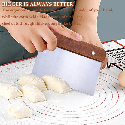 2 Pack Dough Scraper, Stainless Steel Bench Scraper Kitchen Bread Making Tools Pastry Cutter with Wooden Handle Durable Kitchen Gadgets for Baking Cake Pizza