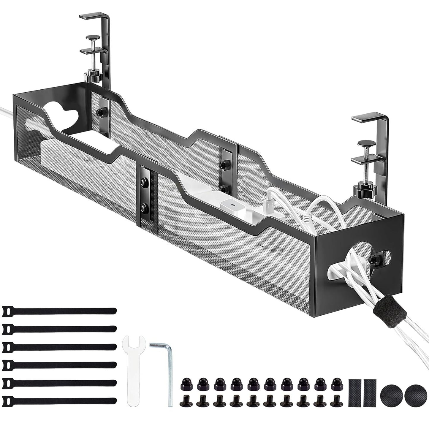 Krimocy 63.5cm Under Desk Cable Management Tray Black, Metal Cable Tray with Clamp for Desk Wire Management, Desk Organizer for Home Office Standing Desk, No Drill