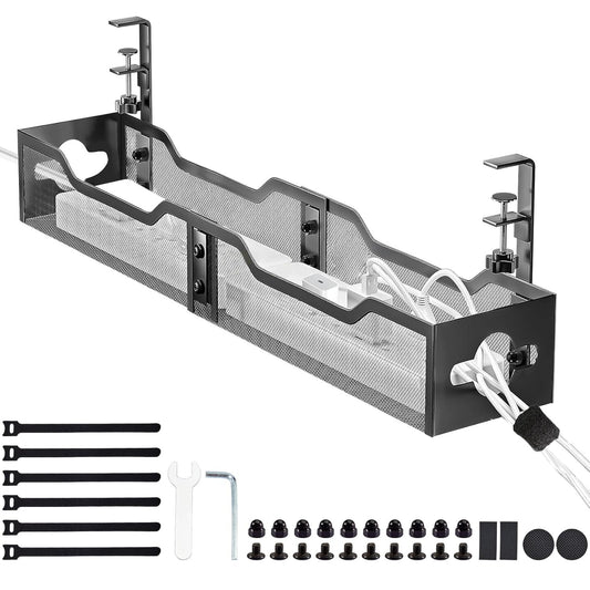 Krimocy 63.5cm Under Desk Cable Management Tray Black, Metal Cable Tray with Clamp for Desk Wire Management, Desk Organizer for Home Office Standing Desk, No Drill