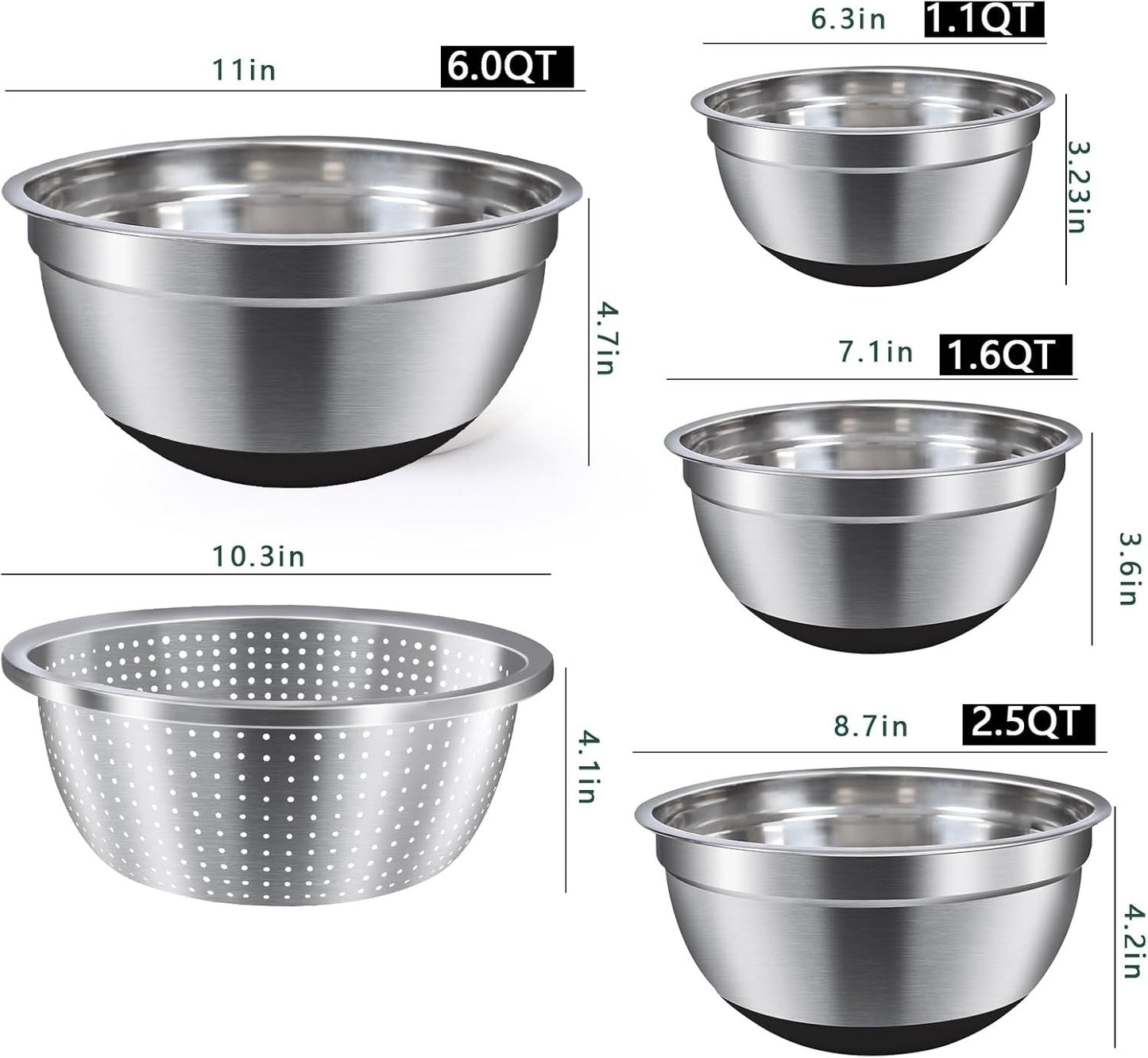 Stainless Steel Mixing Bowls with Lids–Nesting Set with Airtight Lids, Colander & Grater for Kitchen Prep, Cooking & Baking,Non-Slip|Bols à mélanger en Acier inoxydable, antidérapants,Black