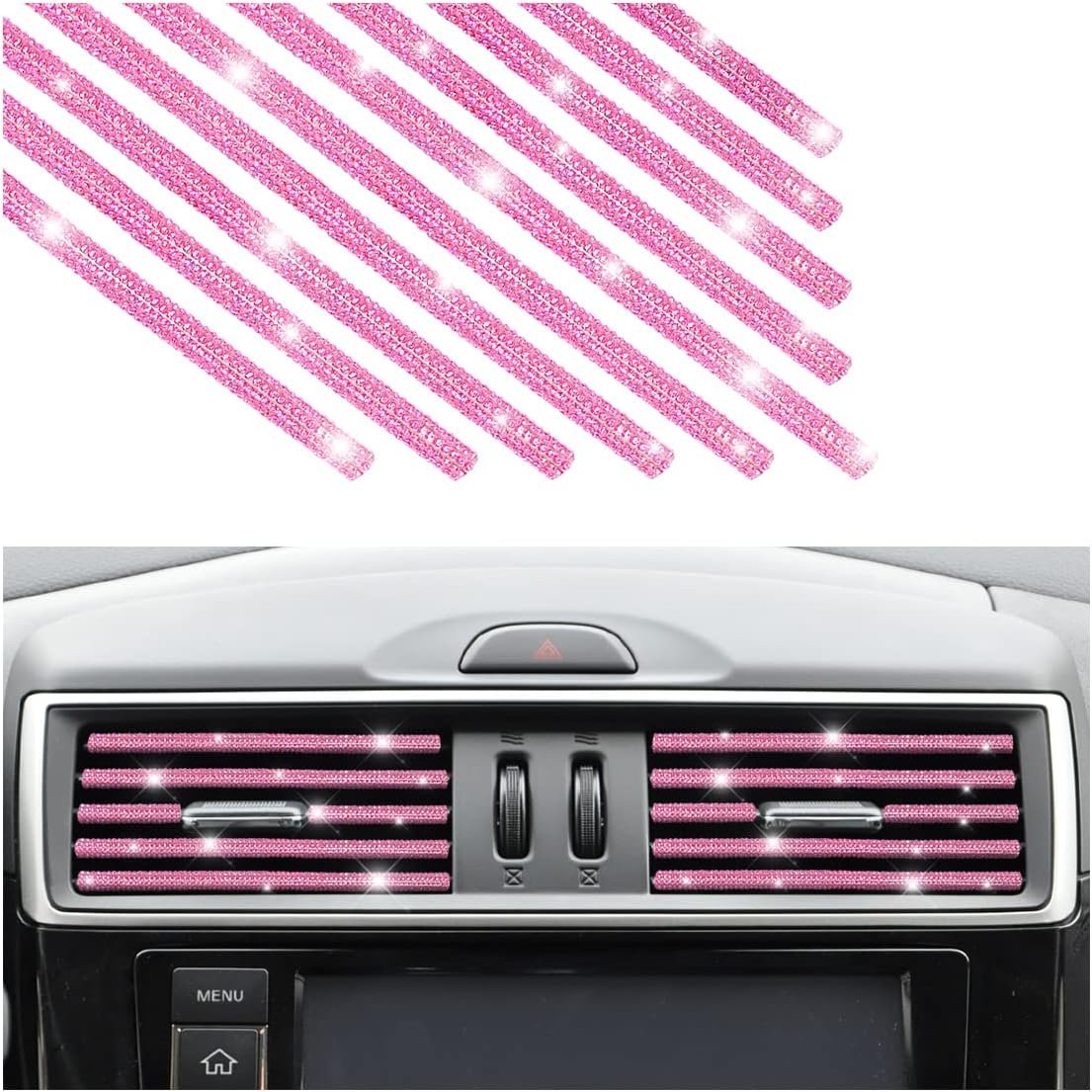 AUKEPO 10 PCS Most Car Air Vent Outlet Trim,Bling, Rhinestone Air Conditioner Decoration Strip, Universal Bendable,Interior Accessories (Pink)